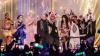 Loreen is announced the winner of Eurovision 2023 on stage with the Eurovision presenters, performers and Kalush Orchestra. 