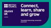 The image consists of an indigo trapezoid on a turquoise background. Within the trapezoid, the British Council logo is in the top left. Under the logo reads "Alumni UK." Next to this reads "Connect, learn, share and grow. The global networking community #AlumniUK".