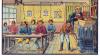 Futuristic classroom scene from 1900s imagining school life in the year 2000 with students wearing helmets connected to machines.