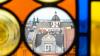 Looking through a stained glass window to European rooftops