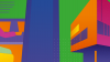 An illustration using bright blue, orange, pink and yellow. A view from a window of a contemporary building outside.