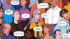 Cartoon of a crowd of smiling people, each saying different things: 'creatively equal', 'equally involved', 'fair', 'equity', 'proportionate', 'balanced', 'creatively equal'.