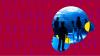 A bright creative with a red background. Inset is a cropped, circular picture with silhouettes of human figures against a blue backdrop.