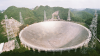  Aerial view Image of a large scale telescope in China, surrounded by trees.