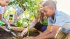 Young children crouching down using their hands to plant a plant in the earth