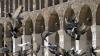 Birds take flight at a mosque