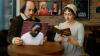 An AI generated image of William Shakespeare and Jane Austen sitting in a cafe.