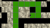 A grid collage of drawings of women in period clothing undertaking household tasks, some of the grids are solid black or green.