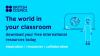 A slide with the words The world in your classroom and a graphic illustration of a teacher in front of a blackboard with a world globe drawn on it