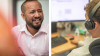 Portrait image of a man next to a man with headphones on at a computer desk