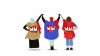 An image of three women raising their hands together in solidarity. They are dressed in bright colours with the WOW logo emblazoned on their backs.