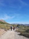Group of young people hiking along a path in mountains. 