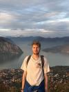 White man hiking in mountains. 