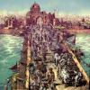 An illustration of people on a bridge over water, with an Indian city scape in the background.